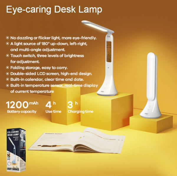 Rechargeable Foldable Eye-caring Desk Lamp, with Flicker-free, Adjustable Brightness, Time, Date & Temperature Display