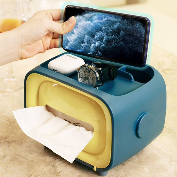 Retro TV-shaped Tissue Box, with Catchall & Phone Holder, for Home & Office
