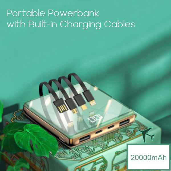 Portable 20000mAh Power Bank, with 4 Built-in Charging Cables and LED Battery Display, for Home, Office & Travel