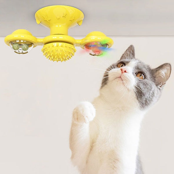 Interactive Rotate Windmill Cat Teasing Toy, with Suction Cup, Catnips, Bells & Massage Scratch Hair Brush, for Cats & Kittens