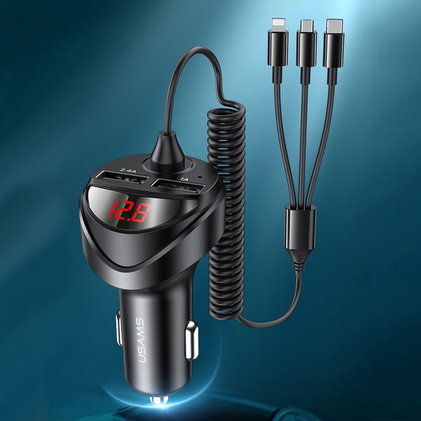 5-in-1 Car Charger with 3 Built-in Cables, Dual USB Ports & LED Display, for Phone, Tablet, Dashcam & More