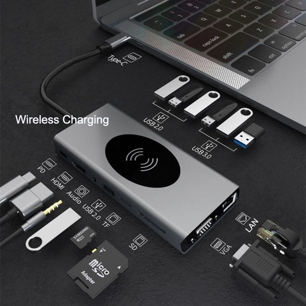 Portable 15-in-1 USB C Hub Adapter, with Wireless Charging Board, 4K USB C to HDMI, SD/TF Card Reader and Ethernet