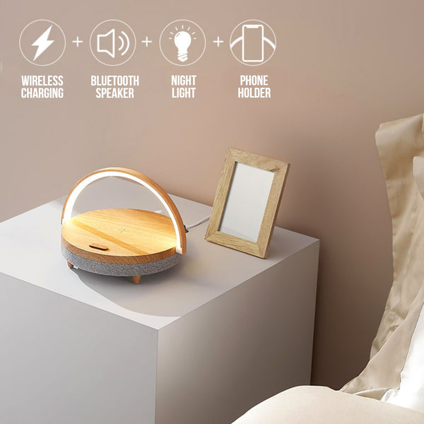 Multifunctional Bedside Table Lamp, with Phone Wireless Charger, Phone Holder, Bluetooth Speaker and Adjustable Light Brightness, for Home & Office (US Plug)