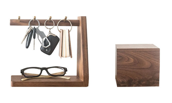 Solid Wood Key Organizer with 6 Key Hooks and Storage Platform, No Installation Required, Suitable for Storing Keys, Glasses, Wallets and More