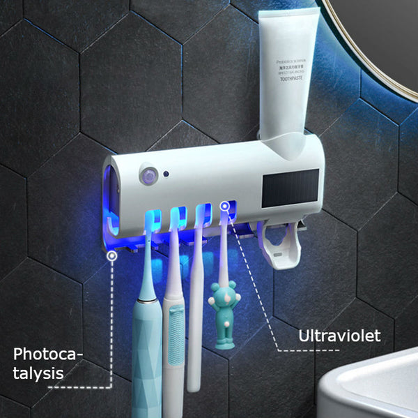 Smart Punch-free UV Sterilization Toothbrush Sterilizer / Shelf with Automatic Toothpaste, Solar Powered, Lithium Battery Storage, Dual Sterilization & Automatic Induction