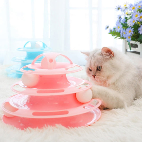 4-Layer Round Tracks Tower Turntable with Scratching Ball & Wand, Interactive Toys for Cat or Kitty
