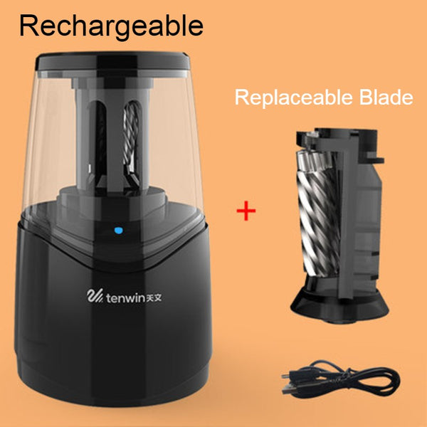 Electric Pencil Sharpener with Heavy-duty Helical Steel Blade, Powered by Battery / Adapter, with Auto Stop Function and Replaceable Blade, for All-Shape Pencils, for School, Classroom, Office & Home