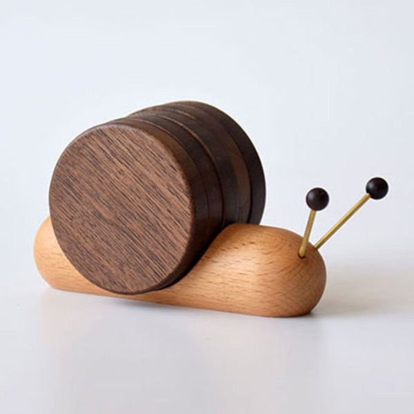 Cute Wood Cup Coaster, with 5 Pieces and Snail-shaped Holder, for Cup, Mug, Bowl & More
