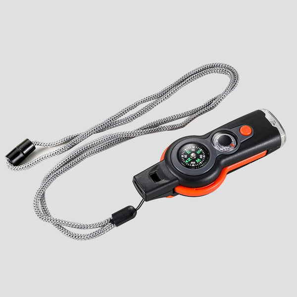 7-in-1 Portable Whistle with Compass, Flashlight, Thermometer, Magnifying Glass, Mirror, and Waterproof Storage, for Attention and Rescue