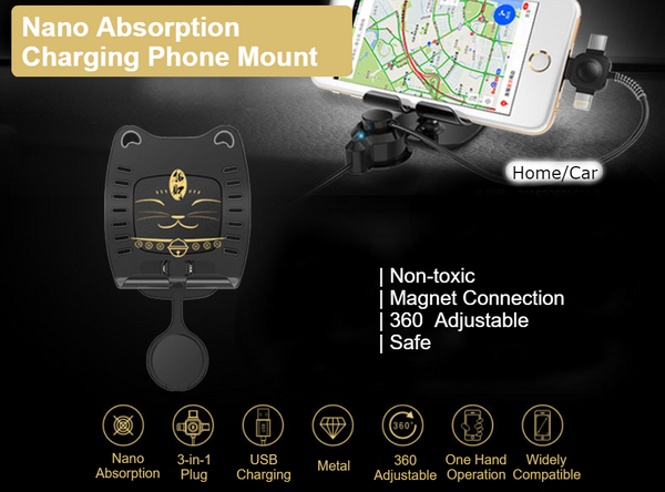 Nano Absorption Phone Mount With 3-In-1 Magnet Charging Cable & 360 Rotation