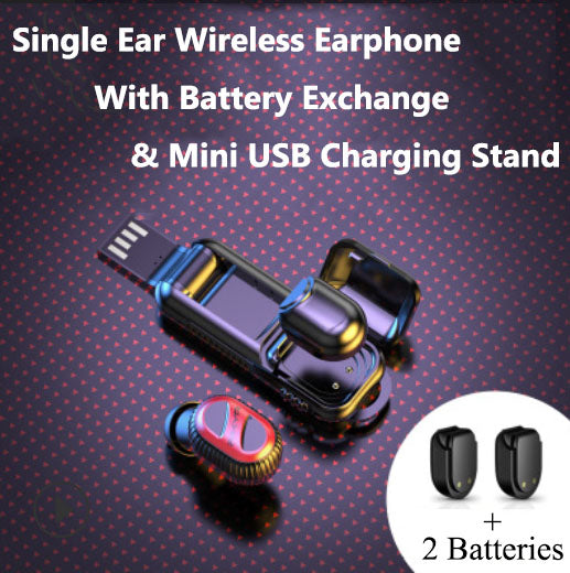 Bluetooth 5.0 Single Ear Wireless Earphone With Battery Exchange & Mini USB Charging Stand