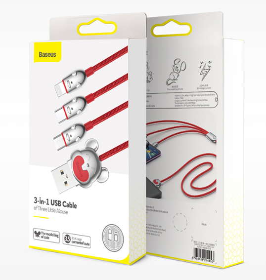 3-in-1 1.2m Mouse-shape Multiple Cable with Type-C/Micro USB/Lightning, Compatible with Most Cell Phones and Tablets