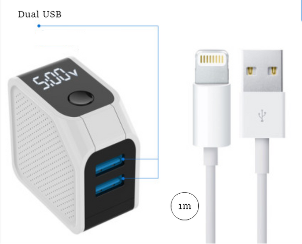 Portable Smart Auto Power-off Charger with Dual USB, PD 18W Fast Charging, LED Current/Voltage Display and Two Charging Modes, for Apple & Android