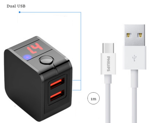 Portable Smart Auto Power-off Charger with Dual USB, PD 18W Fast Charging, LED Current/Voltage Display and Two Charging Modes, for Apple & Android