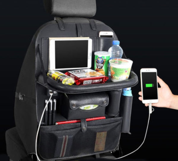 Multifunctional Car Seat Back Large Capacity Storage Bag with 4 USB Charging Ports, Retractable Tray, Tablet Holder, Tissue Storage, Cup Holder, Large Storage Bag and More