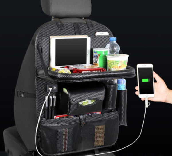 Multifunctional Car Seat Back Large Capacity Storage Bag with 4 USB Charging Ports, Retractable Tray, Tablet Holder, Tissue Storage, Cup Holder, Large Storage Bag and More