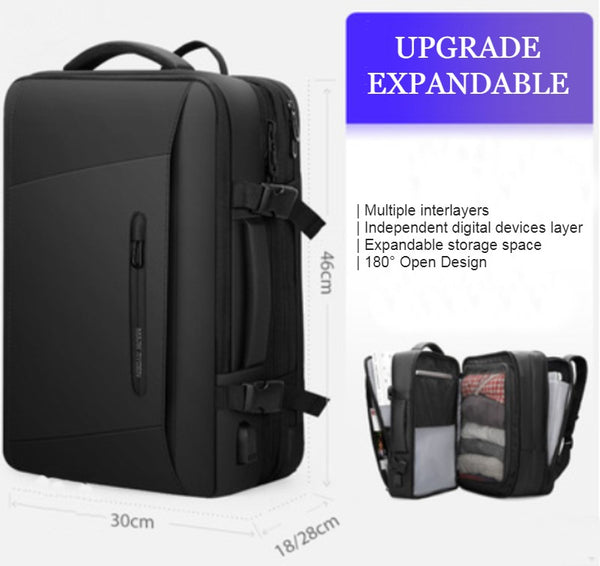 Waterproof Backpack with Multiple Compartments, Independent Digital Layer, Expandable, 180°Open and Built-in Raincoat, for Travel, Camping and More