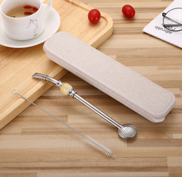 Stainless Steel Reusable Drinking Straws with Filter Spoon, with Storage Box & Cleaning Brush