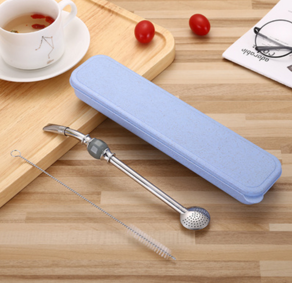 Stainless Steel Reusable Drinking Straws with Filter Spoon, with Storage Box & Cleaning Brush