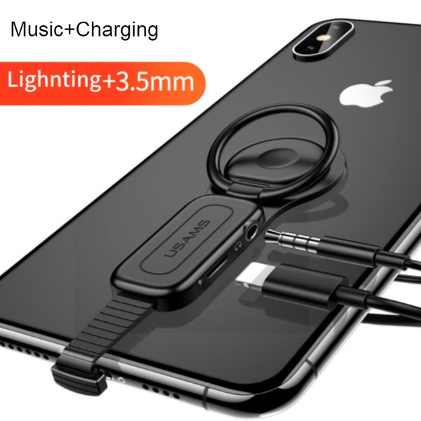 USB Splitter with Ring Holder, Support Audio, Call, Charging and Wire Control, for Apple Devices with Lightning Port