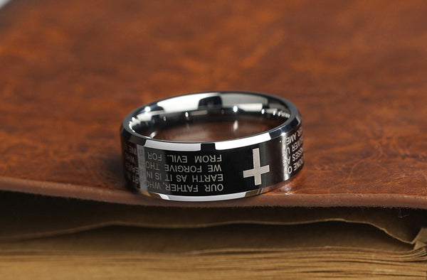 Personality Men's Black Tungsten Alloy Ring with Cross, No Fading, Scratch Resistant & Multiple Polishing