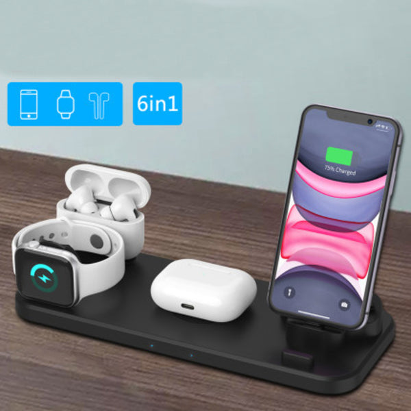 6-in-1 Qi-Certified QC3.0 Wireless Charging Station, with iWatch Holder, 360°Rotatable Design and Max 18W Power, for Apple Watch, Airpods, iPhone and All Qi-Enabled Devices