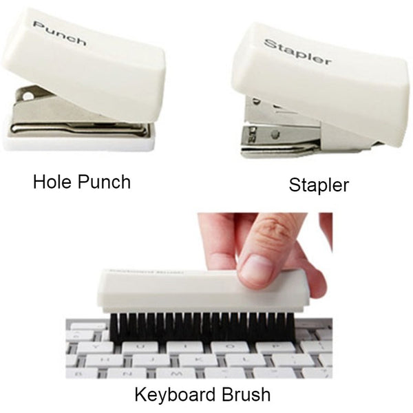 Mini 4-in-1 Office Stationery Set, with Hole Punch, Stapler, Keyboard Brush & Clip Organizer, for Home & Office