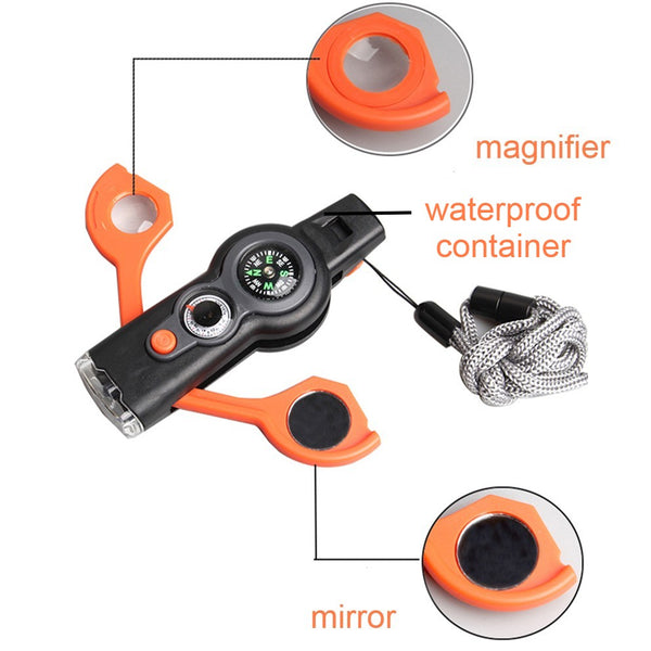 7-in-1 Portable Whistle with Compass, Flashlight, Thermometer, Magnifying Glass, Mirror, and Waterproof Storage, for Attention and Rescue