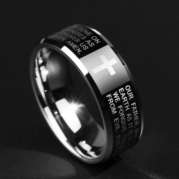 Personality Men's Black Tungsten Alloy Ring with Cross, No Fading, Scratch Resistant & Multiple Polishing