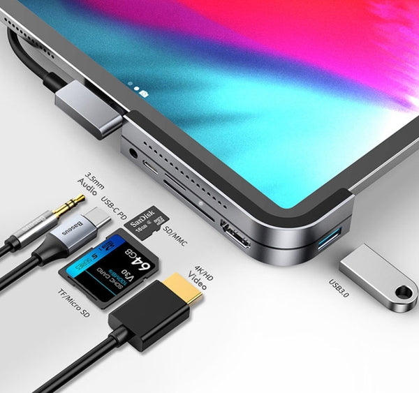 6-In-1 USB Type-C Hub With USB3.0, SD, MicroSD, Audio, 4K/HD & USB-C PD, For iPad Pro & More