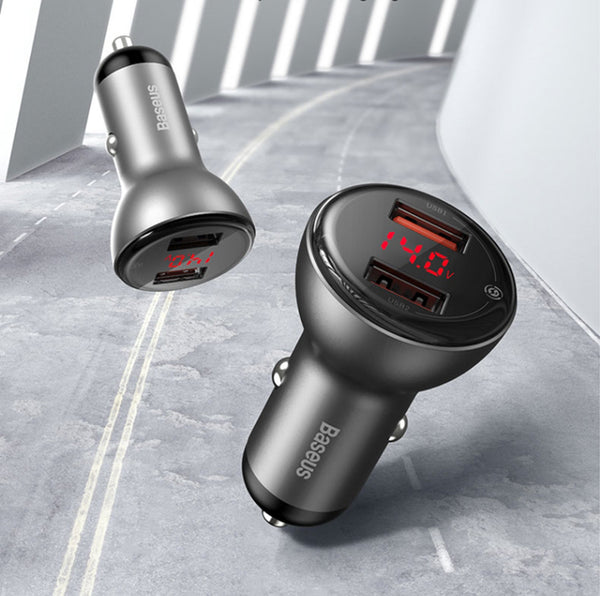 45W Dual-port Car Charger with Quick Charge, LED Voltage Display, for Smartphone, Tablet, GPS, Dash Camera and More