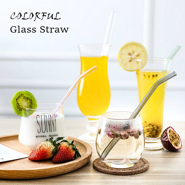 Colorful Reusable Clear Glass Straw With Brush & Box, For Smoothie, Milkshakes & Soup