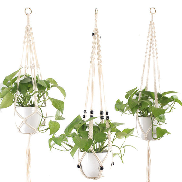 Macrame Pot Holder with 4 Cotton Ropes, Boho Beads and Key Ring, for Home Decoration, Indoor, Outdoor & Balcony