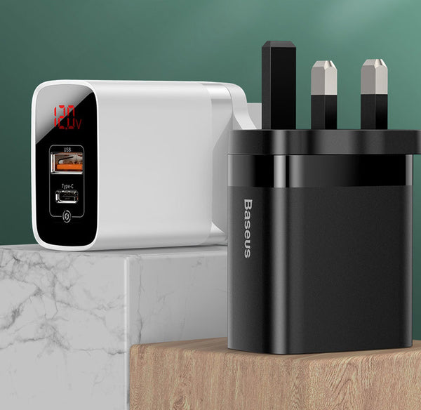 Mirror Digital Quick Charge Wall Charger with 18W Power Delivery & USB + Type-C, Available in US, UK, EU Adapter