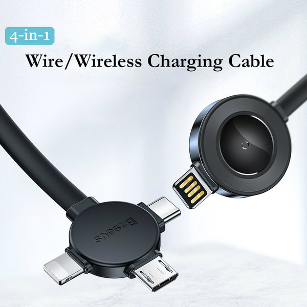 4-in-1 Wireless/Wire Fast Charging Portable Charging Cable, For iPhone, Android, Type-C & Apple Watch