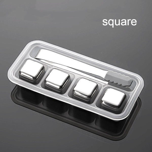 Reusable Stainless Steel Ice Cubes, with Tip Tongs and Storage Tray (Set of 4)