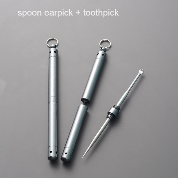 Portable Double-Ended Stainless Steel Ear Pick, with Toothpick/Fruit Fork