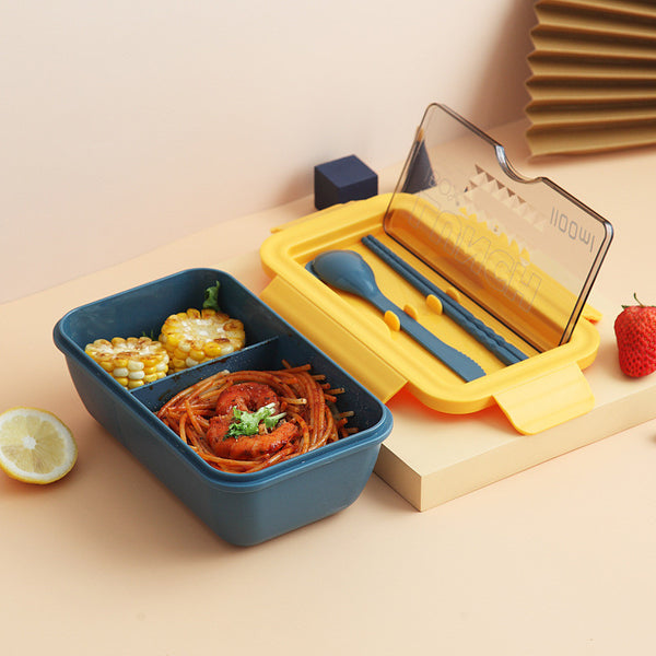 Bento Box with 2 Compartments, Chopsticks, Spoon, Phone Holder, Silicone Seal & Microwave Safe, for Office, Camping & More