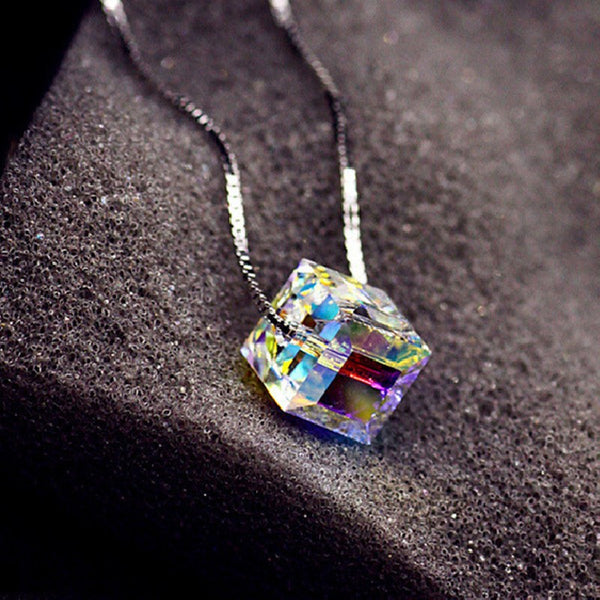 Fantastic Crystal Aurora Cube Necklace, with Sterling Silver Chain, Gift for Her