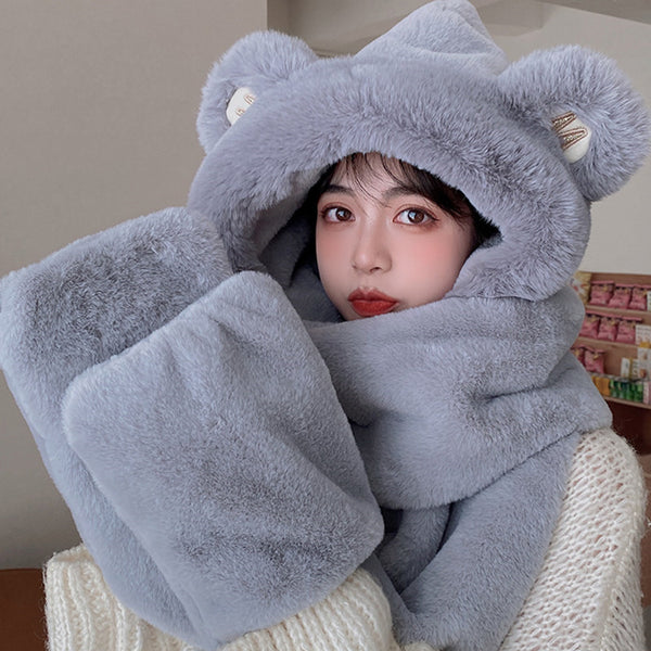 3-in-1 Cure Plush Bear Ear Winter Hat with Scarf & Gloves