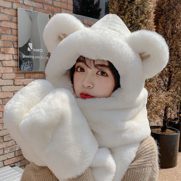 3-in-1 Cure Plush Bear Ear Winter Hat with Scarf & Gloves