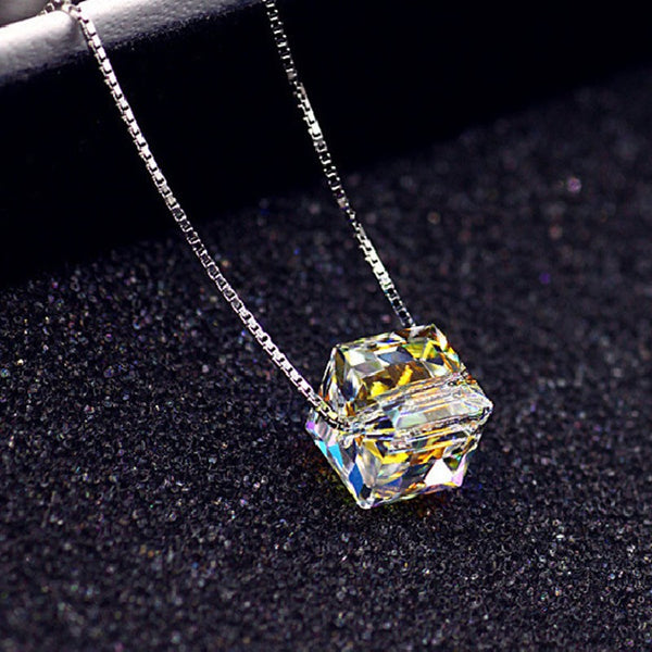 Fantastic Crystal Aurora Cube Necklace, with Sterling Silver Chain, Gift for Her